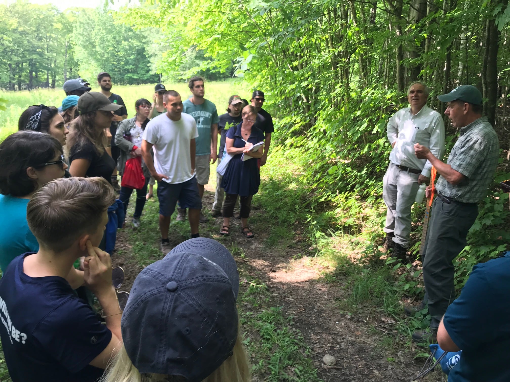 Students standing and listening to a professor near a wooded area.