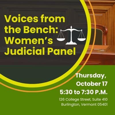 Decorative graphic of a court room with text overlay that reads "Voices from the Bench: Women's Judicial Panel"