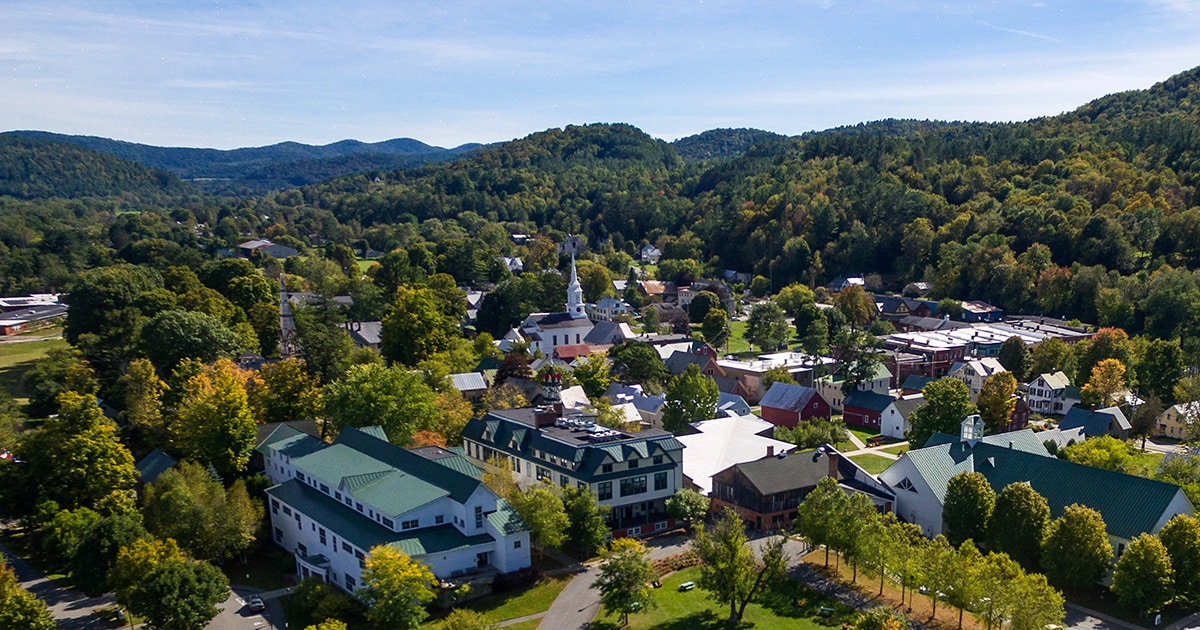 Aerial view of the Vermont Law and Graduate School campus during summer.