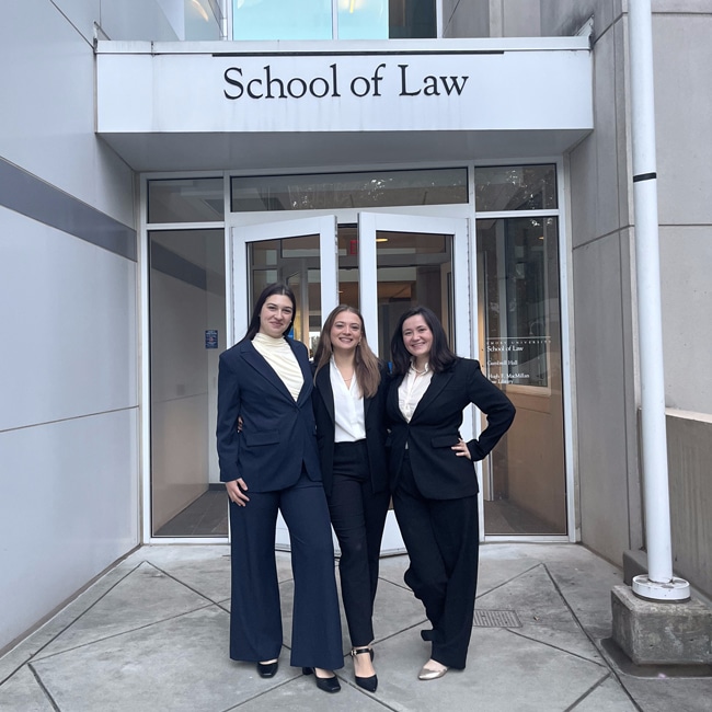 Faith Orr JD’25, Maggie Chafouleas JD’25, and Emily Starobin JD’25 at Emory Law School’s Civil Rights and Liberties Moot Court Competition.