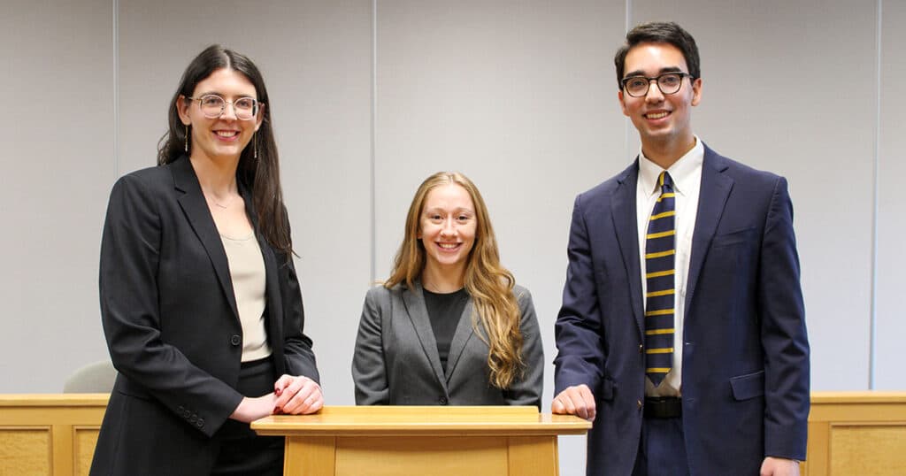 Allyson Cohen JD’25, Nicholas Glover JD’25, and Elizabeth Hein JD’25 at the National Moot Court Competition.
