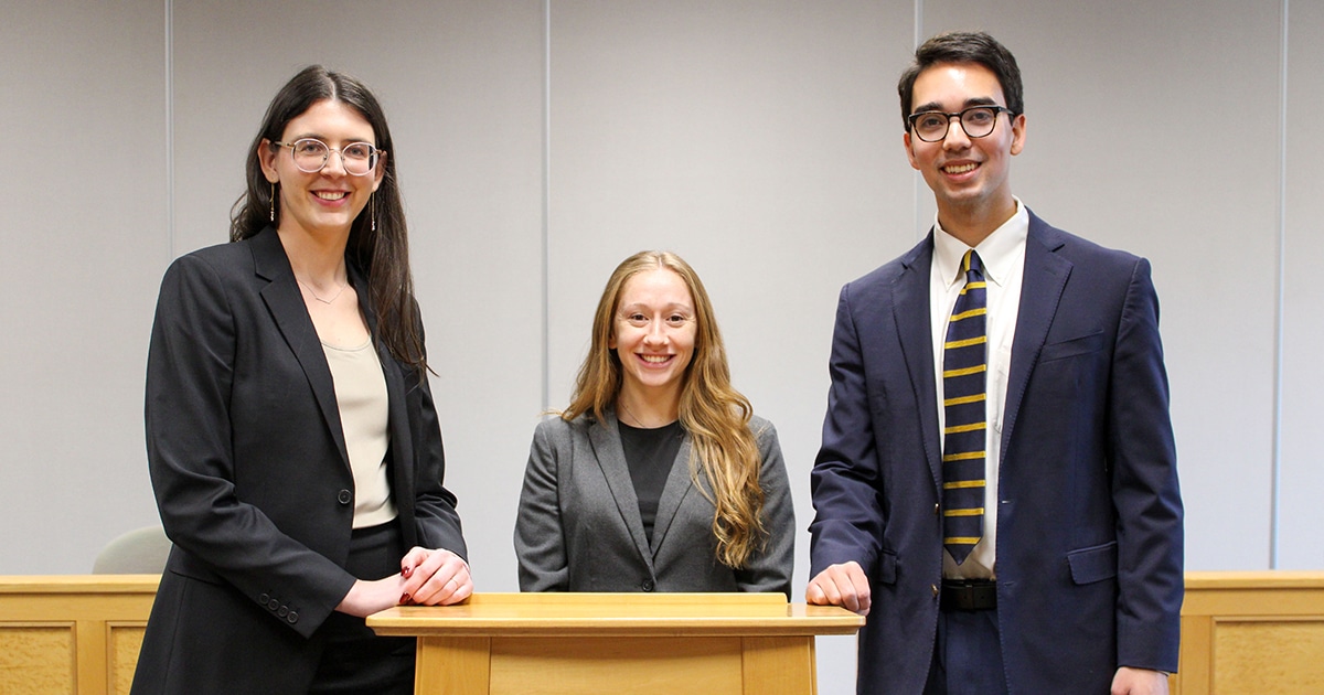 Allyson Cohen JD’25, Nicholas Glover JD’25, and Elizabeth Hein JD’25 at the National Moot Court regional competition.