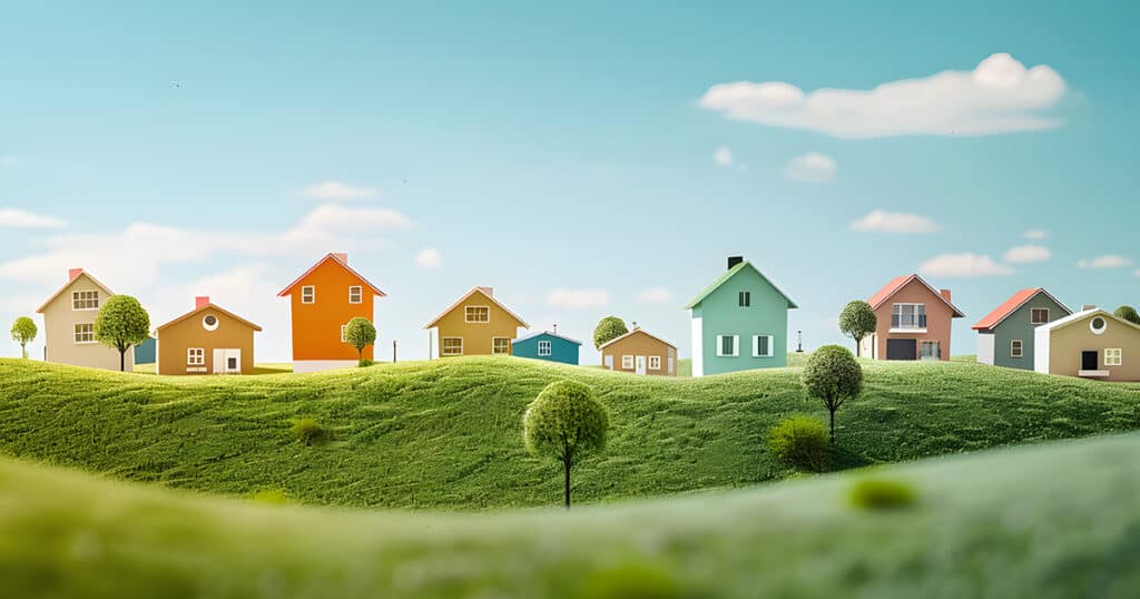 Illustration of houses and trees on a hill.