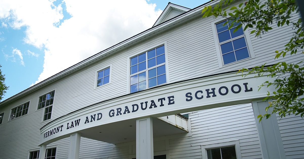 Exterior of Oakes Hall with the Vermont Law and Graduate School Lettering