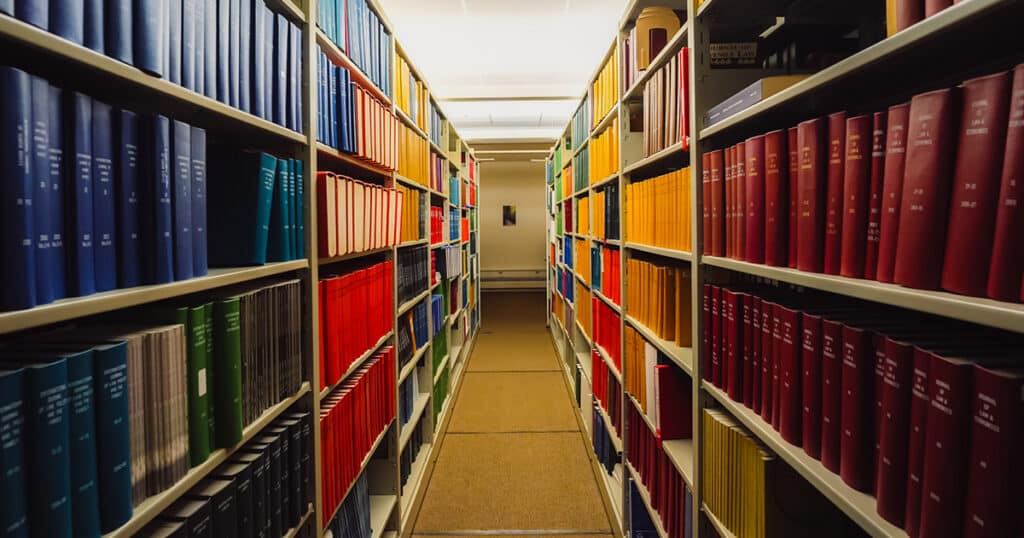 Shelves of books in VLGS's Cornell Library.