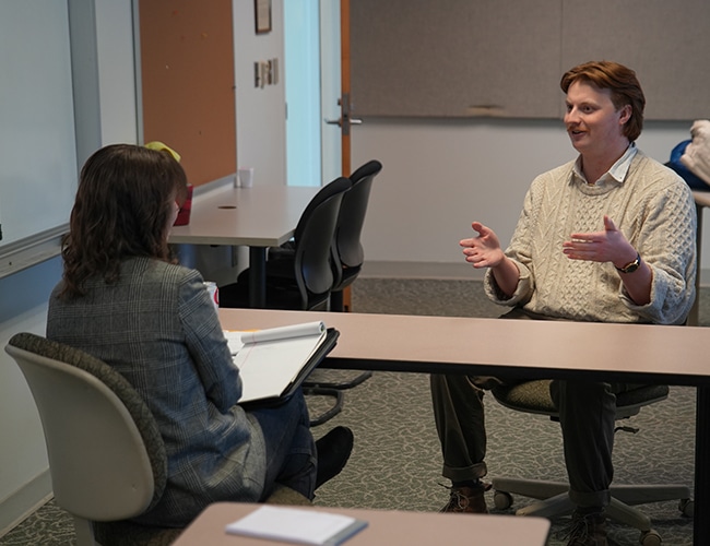 A VLGS 1L is interviewed as a part of Career Services' annual Mock Interview Day.